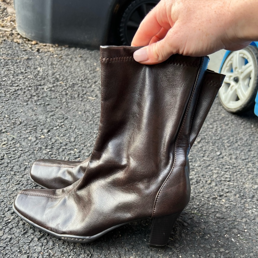 Brown leather square toe booties